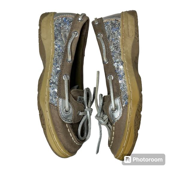 Sperry Topsider Sherry Angelfish Sequined Boat Shoe Kids Size 1.5M Silver Brown - Picture 3 of 5